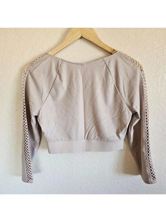 Victorias Secret Sport Cropped Top Long Sleeve Tee Beige Mesh Womens Sz Small - Picture 2 of 4